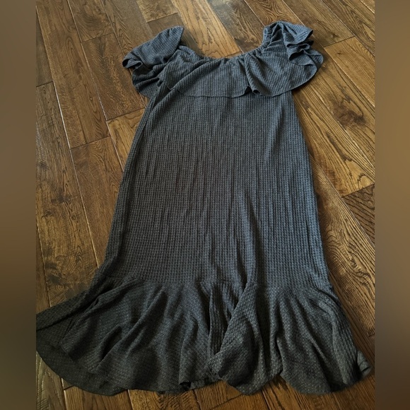 LuLaRoe Cici Solid Gray Texture Off Shoulder Ruffle Dress - Picture 3 of 6